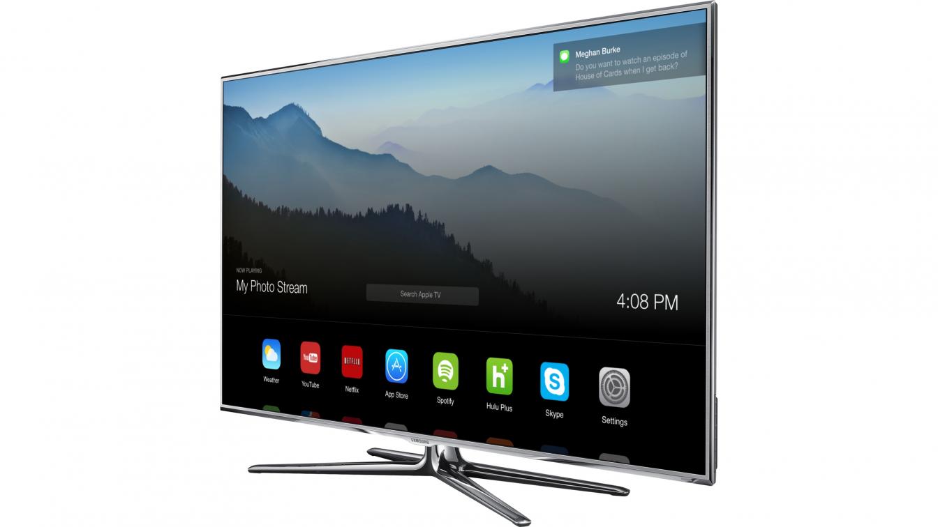 Samsung TV showing the home screen of the Apple TV UI concept by Andrew Ambrosino.