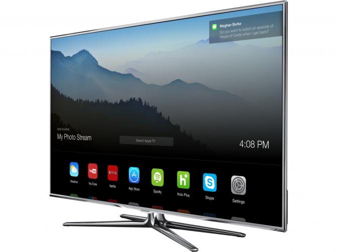 Samsung TV showing the home screen of the Apple TV UI concept by Andrew Ambrosino.